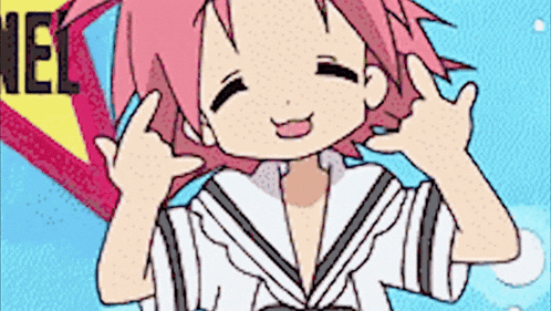 a cartoon girl with pink hair is smiling and giving the peace sign