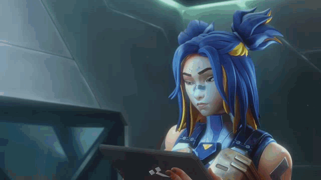 a cartoon character with blue hair is holding a laptop