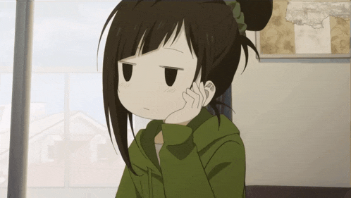 a girl in a green jacket is making a face with her hand on her chin