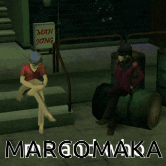 a video game called margomaka shows two people sitting on barrels