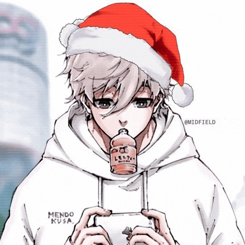 a drawing of a boy wearing a santa hat and holding a video game