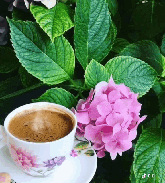 a cup of coffee with pink flowers and green leaves