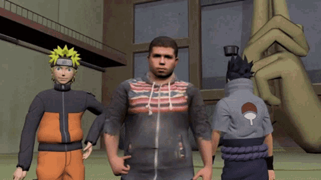 a man in an american flag sweatshirt is standing next to two other characters