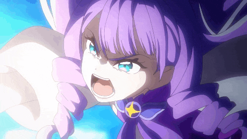 a girl with purple hair and blue eyes has a star on her chest
