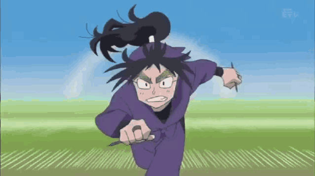 a cartoon character in a purple outfit is running on a grassy field .