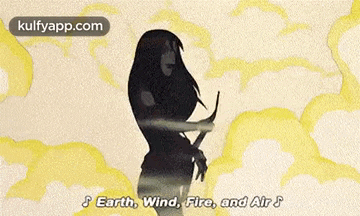 a cartoon of a woman playing a guitar and singing earth wind fire and air