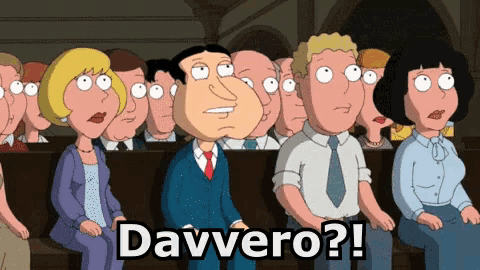 a group of cartoon characters are sitting in a church and one of them is asking davvero