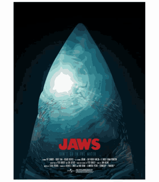 a movie poster for jaws shows a shark in the ocean