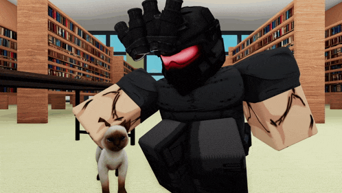 a cartoon character in a library holds a cat