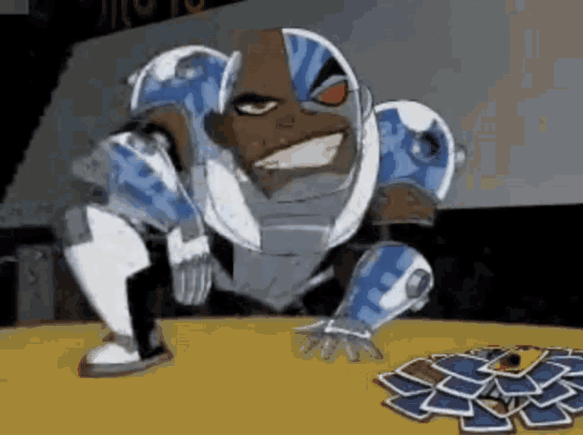 a cartoon character is kneeling down next to a pile of playing cards