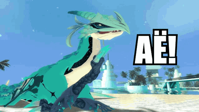 a green and white dragon with the word ae on the bottom right