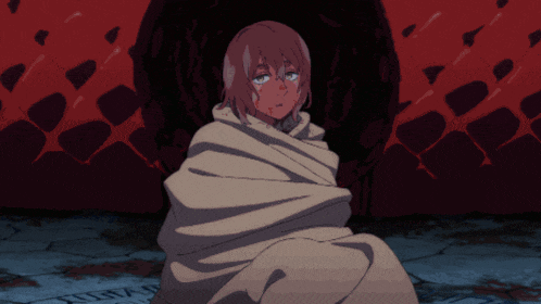 a drawing of a girl wrapped in a blanket with blood on her face