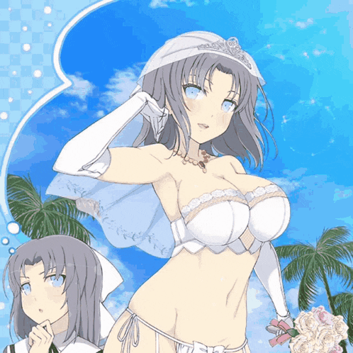 a bride in a bikini with a veil and gloves holds a bouquet of flowers