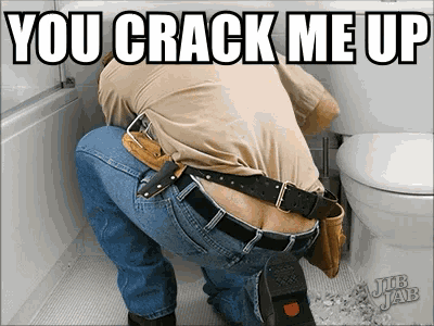 a picture of a man working on a toilet with the words you crack me up above him