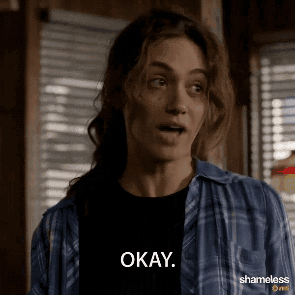 a woman in a plaid shirt says okay in a shameless advertisement