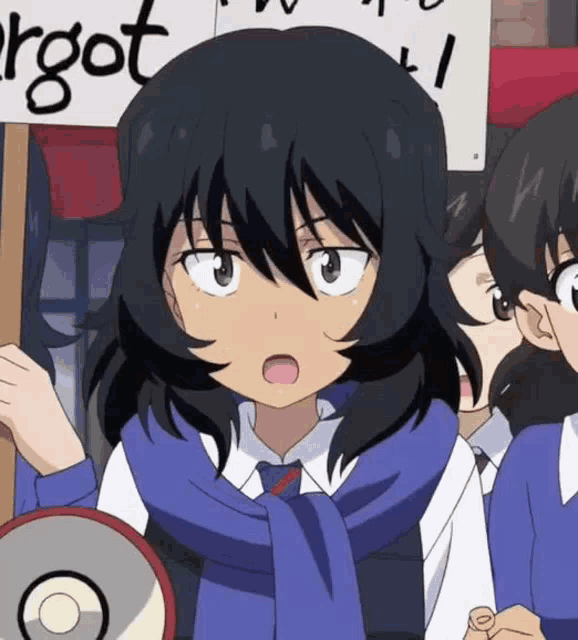 a girl in a blue scarf is holding a sign that says " argot "