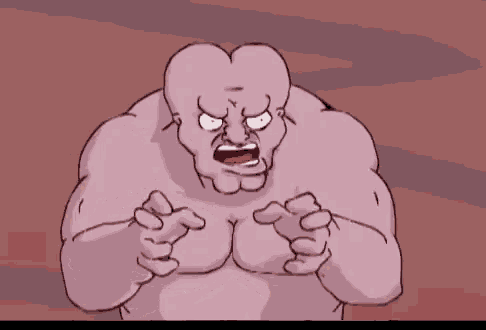 a cartoon character is flexing his muscles with his mouth open and his tongue out .