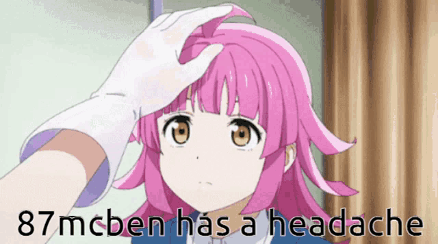 a girl with pink hair has a headache and is being touched by someone