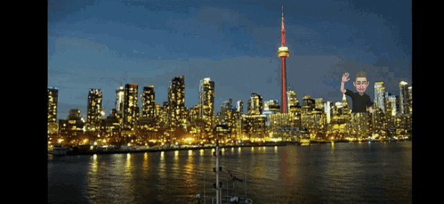 a cartoon of a man standing in front of a city skyline at night