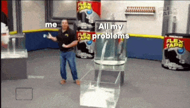 a man is standing in front of a display of flex tape and says all my problems