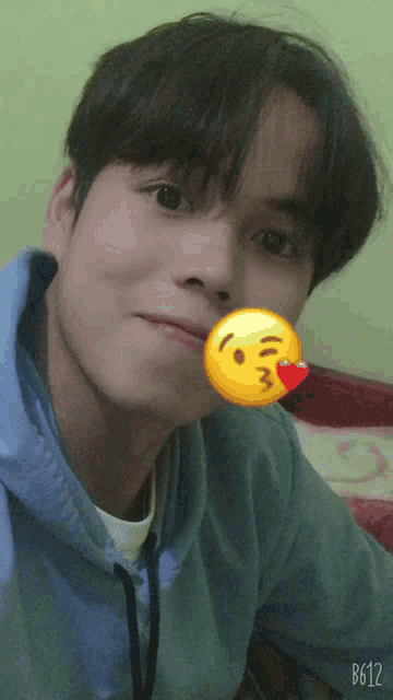 a close up of a person 's face with a smiley face and the number b612 on the bottom right