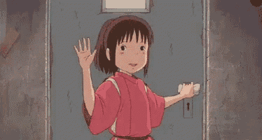 a cartoon girl is standing in front of a door and waving .