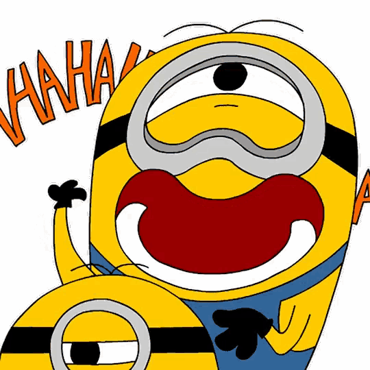 a cartoon drawing of a minion laughing with the word haha written above him