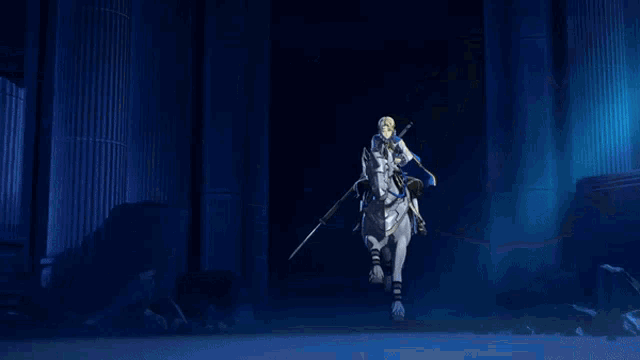 a knight is riding a white horse with a sword .