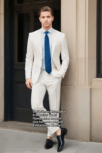 a man wearing a white suit with a blue tie