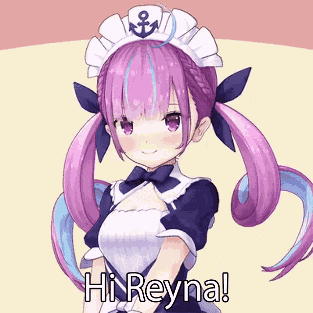 a girl with purple hair is wearing a maid outfit and says hi reyna !
