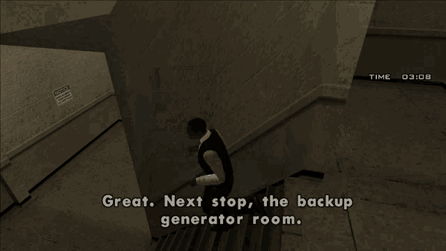 a video game shows a man walking up stairs and says great next stop the backup generator room