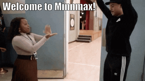 a man and a woman are standing in front of a door with the words welcome to minmax on the bottom