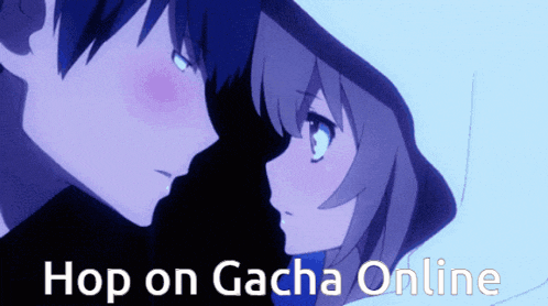 a couple of anime characters with the words hop on gacha online