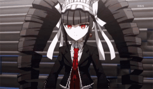 a black and white anime girl with red eyes is standing in front of a mbc sign
