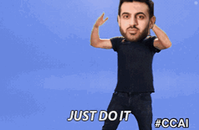 a man with a beard is dancing with the words just do it above him
