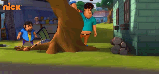 a group of cartoon characters are standing around a tree with the nick logo in the corner