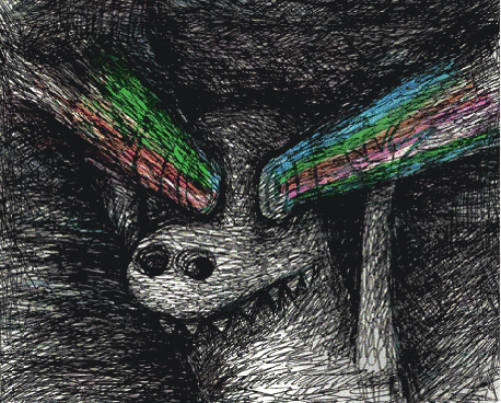 a black and white drawing of a monster with a rainbow coming out of its eyes
