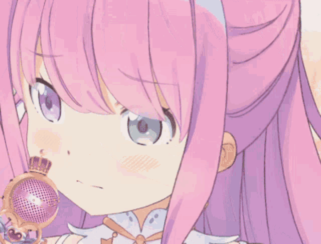 a close up of a pink haired anime girl with a crown around her neck