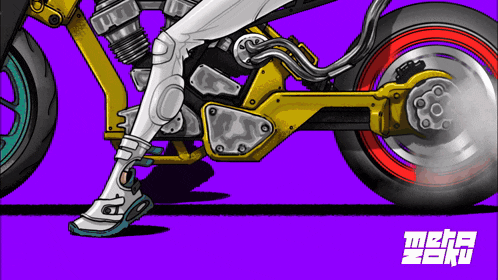 a cartoon of a person riding a motorcycle with the word meta on the bottom right
