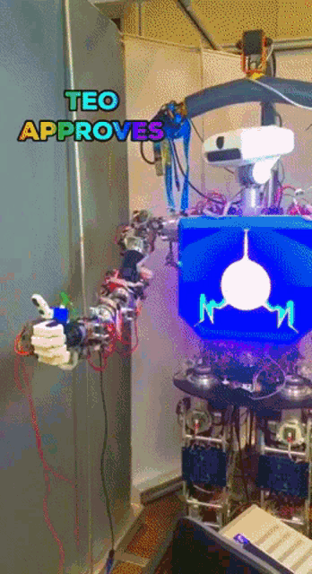 a picture of a robot with the words teo approves below it