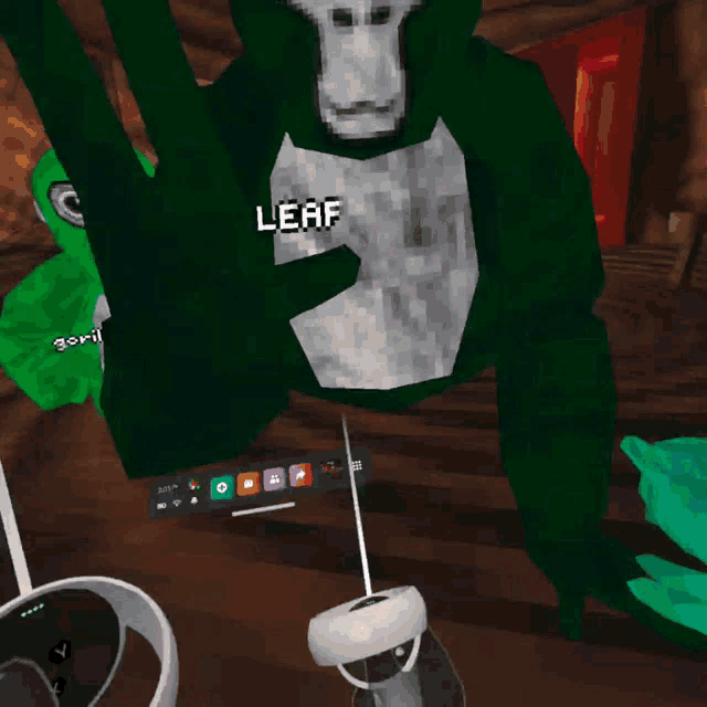 a green gorilla in a video game with the word leaf on its chest