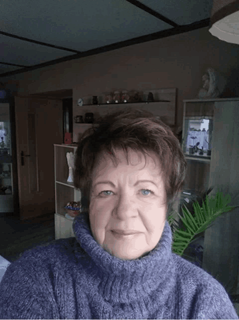 a woman wearing a purple turtleneck sweater is smiling in a living room