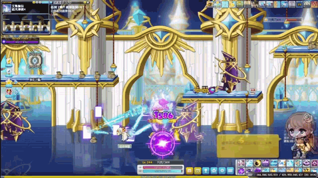 a screenshot of a video game shows a purple circle with the number 1586 on it