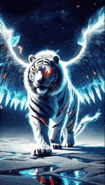 a white tiger with red eyes and blue wings is walking on a stone floor .
