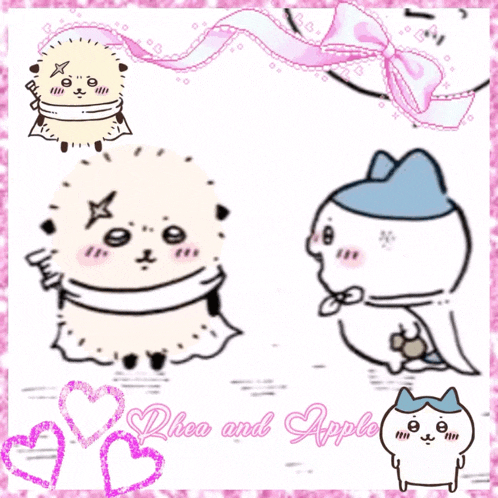 a drawing of rhea and apple with pink hearts