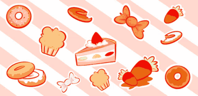 a pink and white striped background with cupcakes donuts and candy