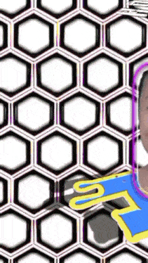 a person is holding a cell phone in front of a honeycomb pattern on a white background .