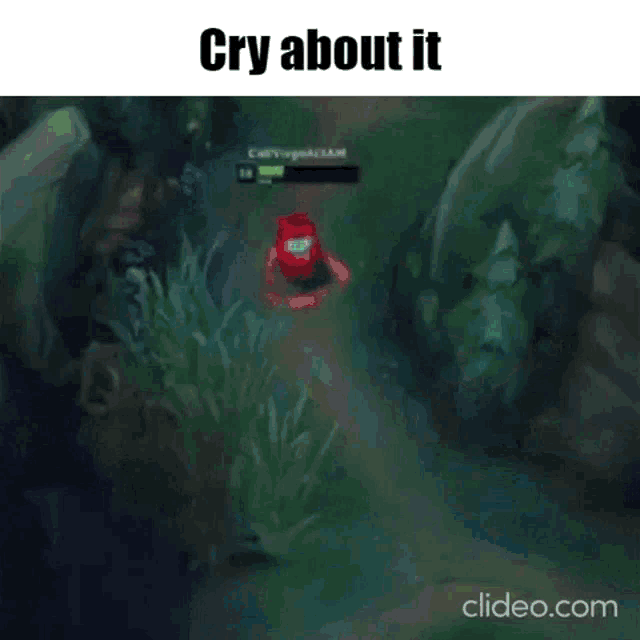 a cartoon character is walking through a dark forest with the words `` cry about it '' written on the bottom .