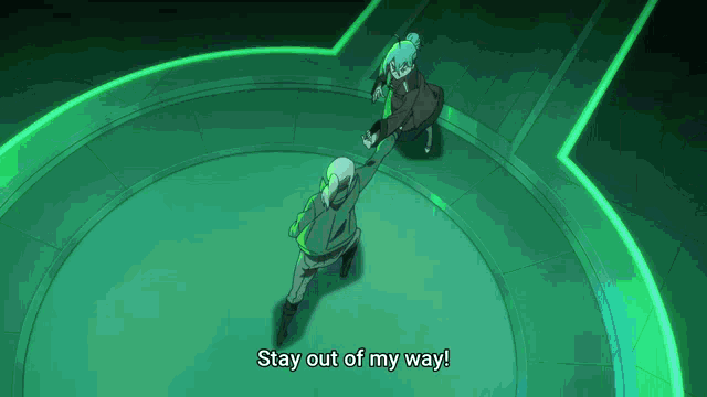 a man and woman are standing in a circle and the man says stay out of my way