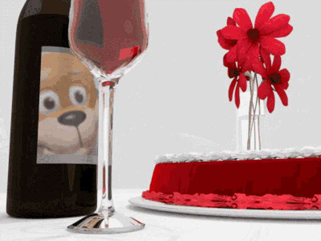 a bottle of wine with a teddy bear on it